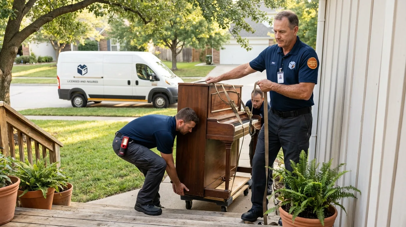 Licensed piano movers securing grand piano in Tiverton, RI