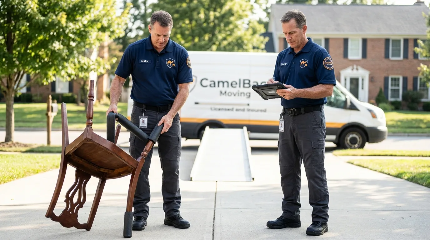 Movers inspecting furniture for damage prevention before loading in Tiverton, RI