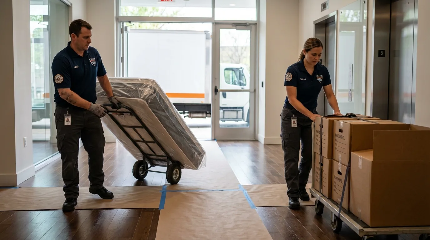 Professional apartment movers loading elevator in Tiverton, RI