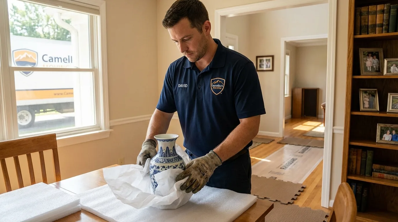 Professional crew carefully wrapping antique vase for senior downsizing move in Tiverton, RI