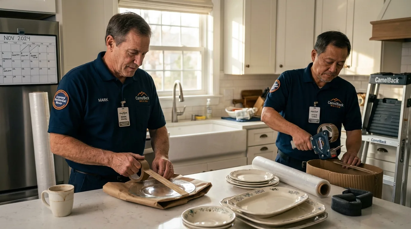 Professional crew packing kitchen dishware in Tiverton, RI